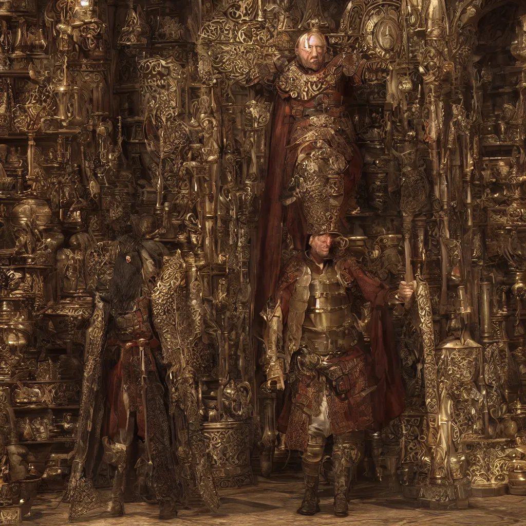 Image similar to full body portrait photo of Dennis hopper as a devious medieval lord in a giant medieval Shop, unreal engine, octane render, intricate details, 8k high definition, beauriful, ornate, hypermaximalistic