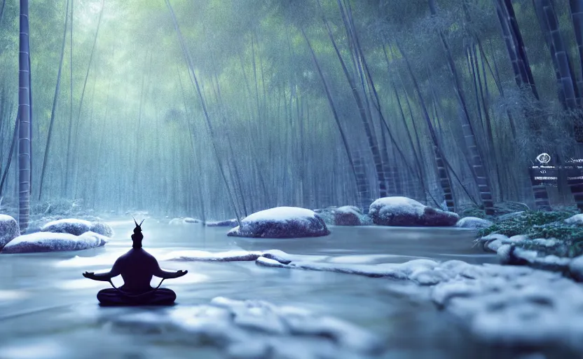 Image similar to a samurai meditating in a snowy bamboo forest, small flowing stream, cinematic action angle, 8k Octane render, ArtStation illustration