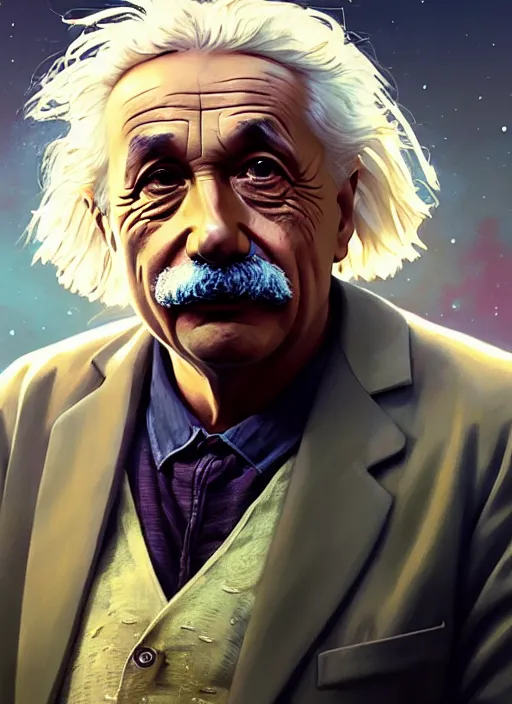 Image similar to highly detailed portrait of einstein in gta v, stephen bliss, unreal engine, fantasy art by greg rutkowski, loish, rhads, ferdinand knab, makoto shinkai and lois van baarle, ilya kuvshinov, rossdraws, tom bagshaw, global illumination, radiant light, detailed and intricate environment