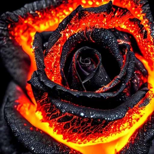 Image similar to award - winning macro of a beautiful black rose made of glowing molten magma, inner glow, lava texture