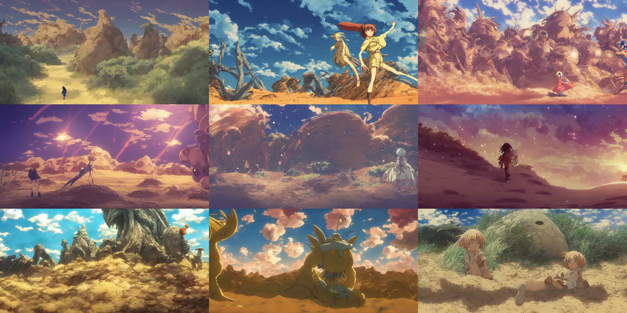 Prompt: anime movie screenshot, by ( ( ( ( ( ( ( yoshitaka amano ) ) ) ) ) ) ), by ghibli!!! nausicaa!!!!!, desert!!!!!!!!!!!, sand, scenic, miyazaki, vibrant, dof, motion
