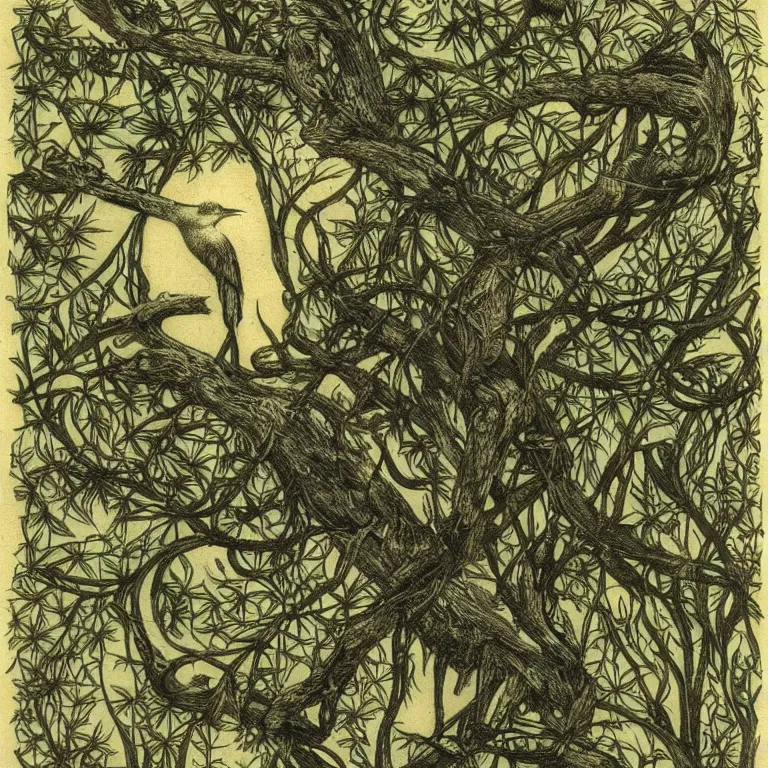 Image similar to bird in a mysterious forest , by ernst haeckel :: pyrography :: very beautiful! dreamy, poetic, melancholy