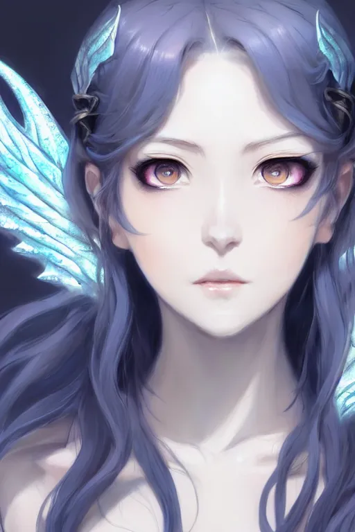 Prompt: character concept art of a woman with ice dragon horns and wings | | very anime, dragon scales, cute - fine - face, pretty face, realistic shaded perfect face, fine details by stanley artgerm lau, wlop, rossdraws, james jean, andrei riabovitchev, marc simonetti, and sakimichan, tranding on artstation