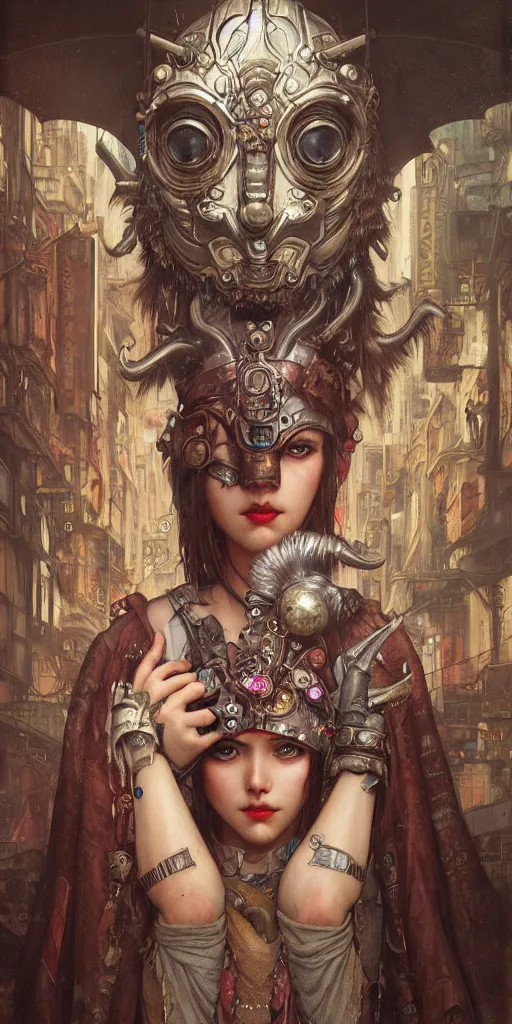 Image similar to hyper realistic Princess Mononoke, ornate mask, wet market street, cyberpunk metropolis, city landscape, jewels, style of tom bagshaw, mucha, james gurney, norman rockwell, denoised, sharp