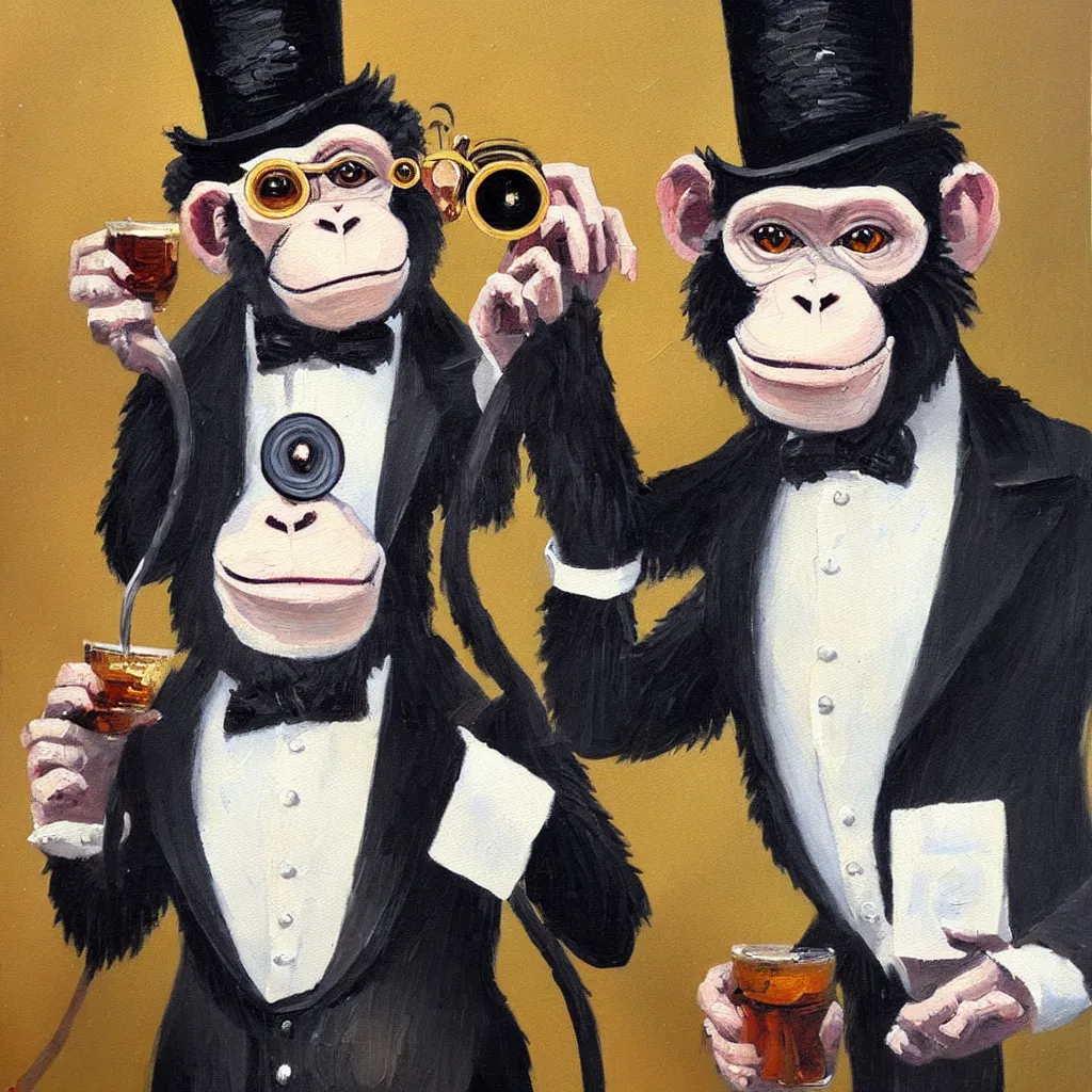 Image similar to a monkey wearing a monocle and a top hat drinking tea, brush strokes, oil painting, masterpiece