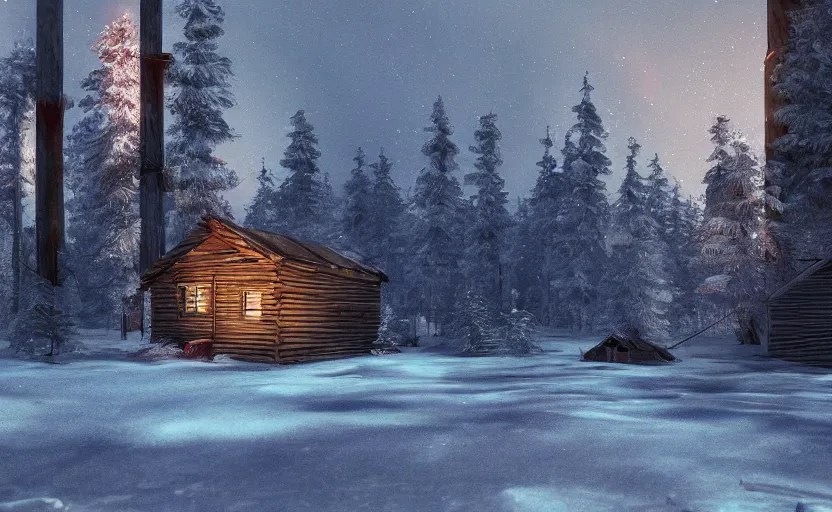 Image similar to A abandoned wooden hut in a winter forest environment concept, northern lights, horror game, artstation