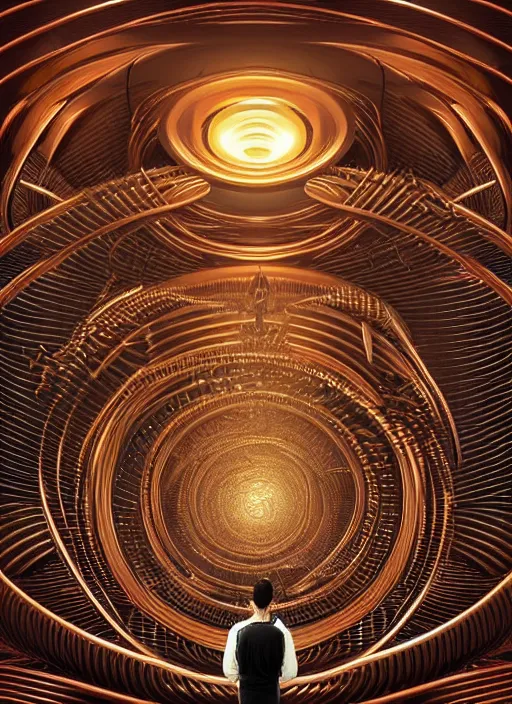 Image similar to man looking up at a gigantic group of interlocking rotating golden rings with many eyes floating around it in front of a huge copper and aluminum wall, megalophobia, detailed dynamic composition, dramatic lighting, trending on artstation, award winning art, stylized painting, by artgerm and greg rutowski dungeons and dragons