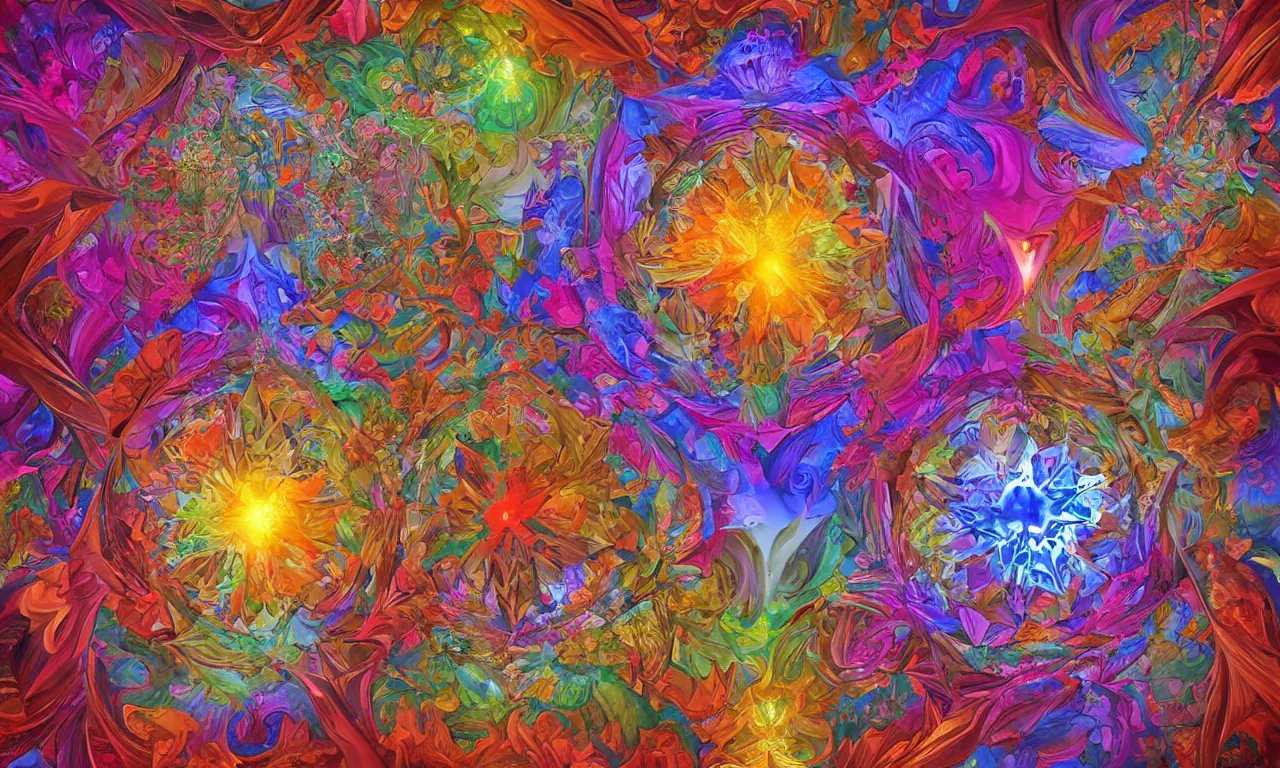 Image similar to voronoi engine laboratory 3 d volume kaleidoscope mandala fractal chakra digital multicolor stylized concept substance by artgerm, rossdraws, norman rockwell, magali villeneuve, gil elvgren, alberto vargas, earl moran, enoch bolles radiating a glowing aura global illumination ray tracing hdr