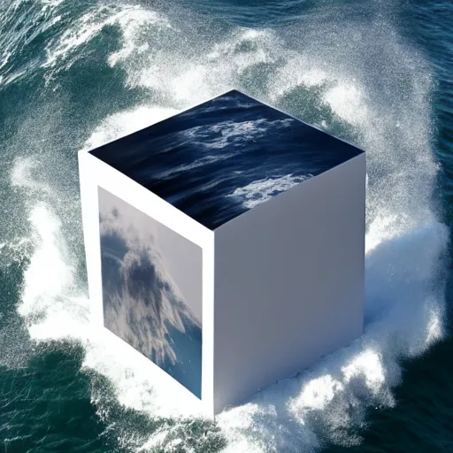 Prompt: a cube in the middle of the sea with images of a sea squall on its sides. in the style of Richard Serra