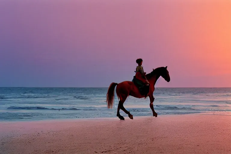 Prompt: A clockwork horse riding wild along the beach at sunset, 35mm, kodachrome, 4K UHD image