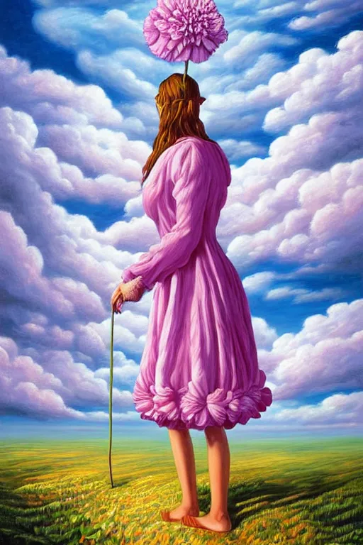 Prompt: closeup, giant carnation flower head, woman in suit, clouds in sky, surreal, impressionist painting, digital painting, artstation, rob gonsalves