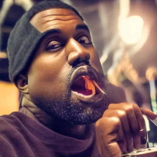 Image similar to blurry, gopro footage of kanye west eating at taco bell, cinematic, volumetric lighting, night, rain