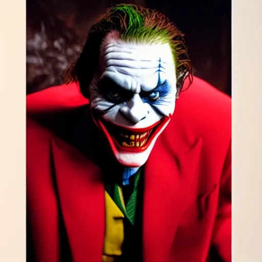 Prompt: Film still of Willem Dafoe as the Joker, Colour splash red