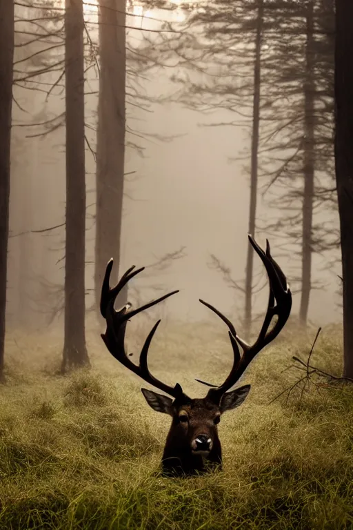 Prompt: beautiful photo of a stag with huge antlers in a pine forest in the early ours of the morning with morning fog and dew on the grass. sunrise. nature. photography. national geographic. detailed face and fur, ultra hd, sharp. volumetric lighting, hasselblad. nikon z 9. 1 0 0 mm. f / 2. 5