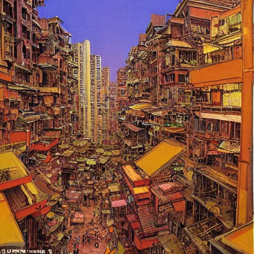Prompt: Hopper and Moebius painting of Kowloon Walled City at dusk, looking down canyon-like alley with 5 floors of ramshackle apartments and business on all sides, to the bottom right some light is coming from a ground-floor cafe, where people are drinking tea and talking