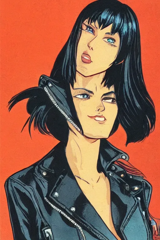 Image similar to portrait of an attractive young female protagonist, center focus, wearing leather jacket, in city street, detailed face, artwork by ralph bakshi