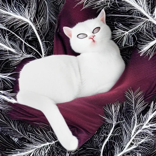 Image similar to a superhero white cat with spandex suit and cape sleeping curled up on bed of pine needles, digital art