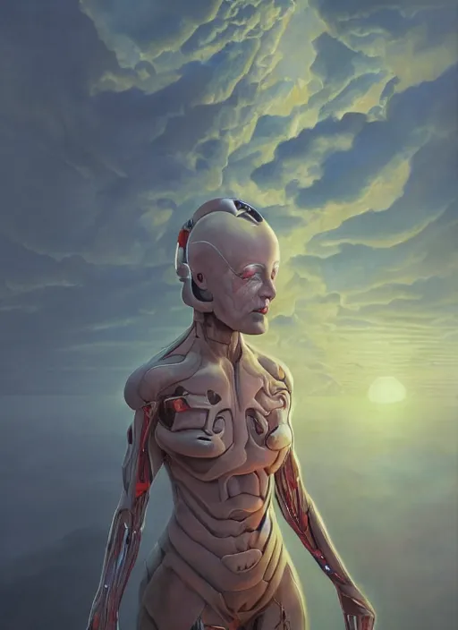 Prompt: biblical female android, hexagonal pattern on skin, glowing veins, in clouds, sunset, portrait by wayne barlowe, studio lighting, muted colors, by frank frazetta, extreme detail, reflections, trending on artstation, 8 k