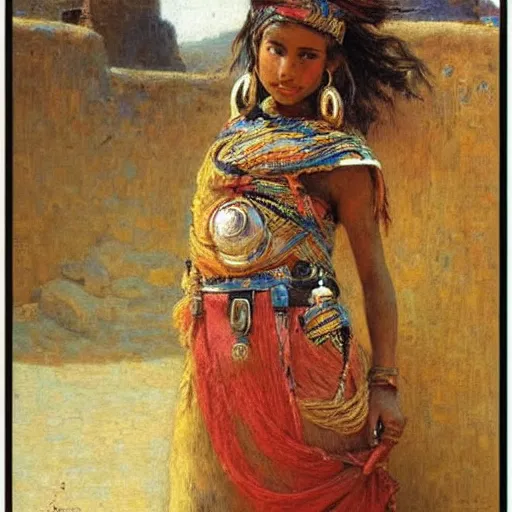 Image similar to tuareg girl in traditional clothes, gaston bussiere