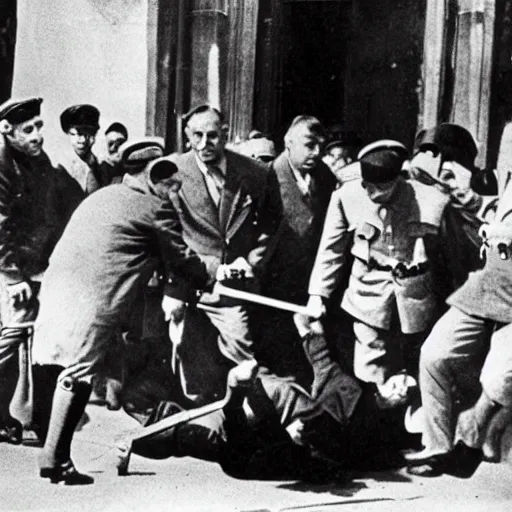 Image similar to a group of Rabbis kicking the crap out of Hitler as he lies in the street