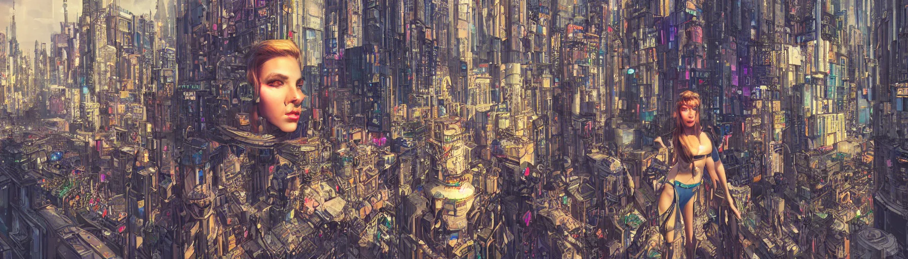 Image similar to a big life-like hologram of a beautiful young woman in the middle of the city centre of a futuristic cyberpunk city, street view, Warhammer, highly detailed, artstation, illustration, art by Gustav Klimt