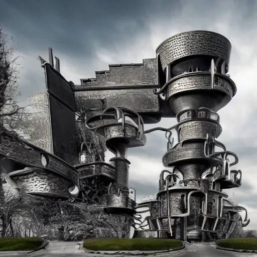 Prompt: photo of a futuristic metal castle with guns