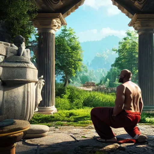 Image similar to A man kneeling before gods asking for his wishes to be fulfilled, with gods in the foreground in a temple setting, ultra photo realistic, unreal engine, 8K UHD