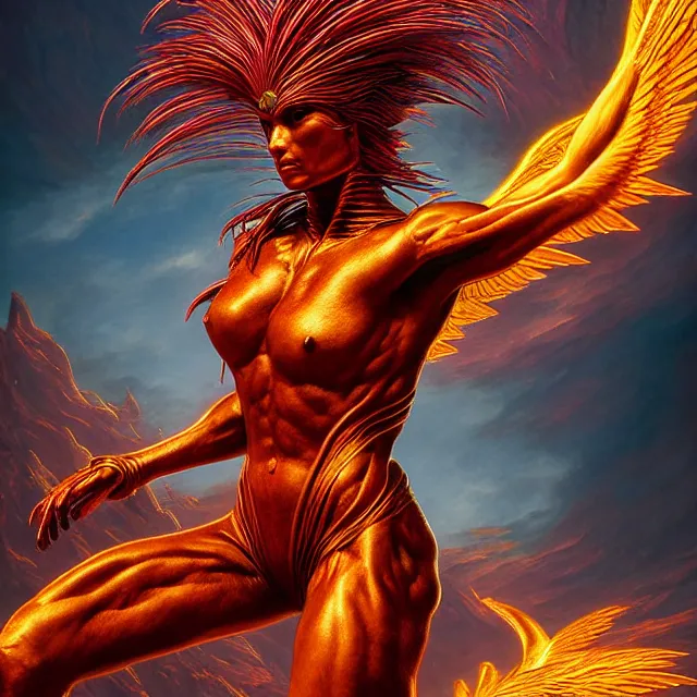 Image similar to phoenix warrior, artgerm, highly detailed, 8 k, hdr, close up, smooth, sharp focus, high resolution, award - winning photo, by thomas cole and wayne barlowe