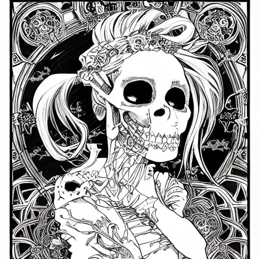 Image similar to anime manga skull portrait girl female skeleton illustration intricate detail patterns art Geof Darrow and Ashley wood and Ilya repin and alphonse mucha pop art nouveau