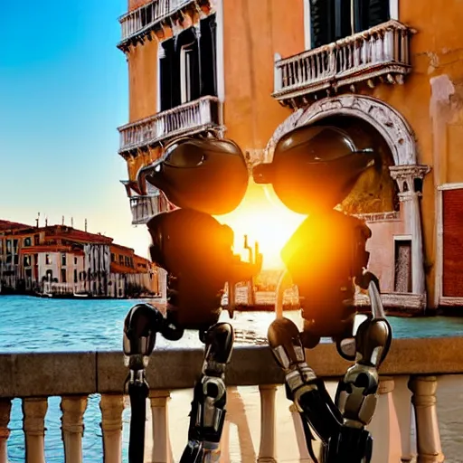 Image similar to two robots who faill in love in venice, sunset golden hour