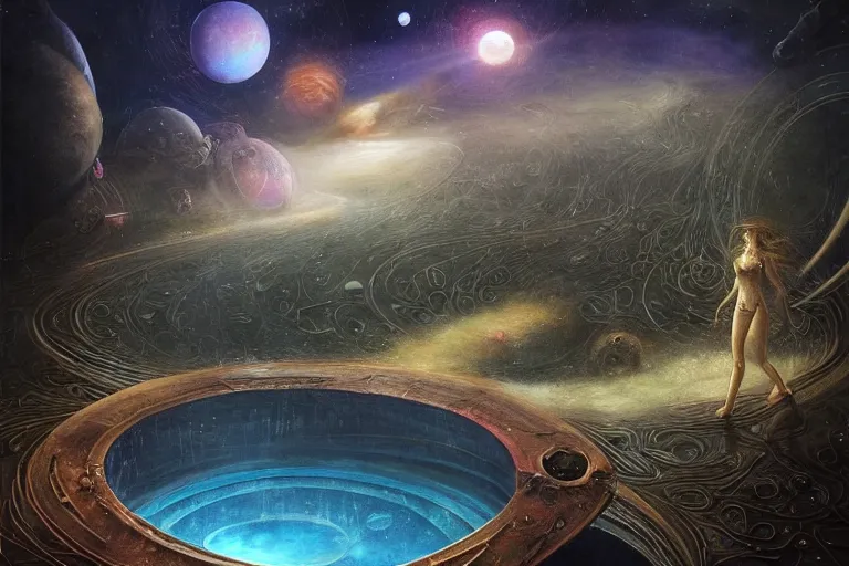 Prompt: Esao Andrews, scifi nightscape, planets, hyperrealistic surrealism, award winning masterpiece with incredible details, epic stunning, physically accurate, moody dynamic lighting, very very intricate, very very elegant, highly detailed, infinity concentric pool, a surreal vaporwave liminal space,very clear view, no grain, highly detailed, trending on ArtStation, artgerm and greg rutkowski and alphonse mucha, daily deviation, IAMAG, in the gross sewer, luminous rocks are like swords, calming, meditative