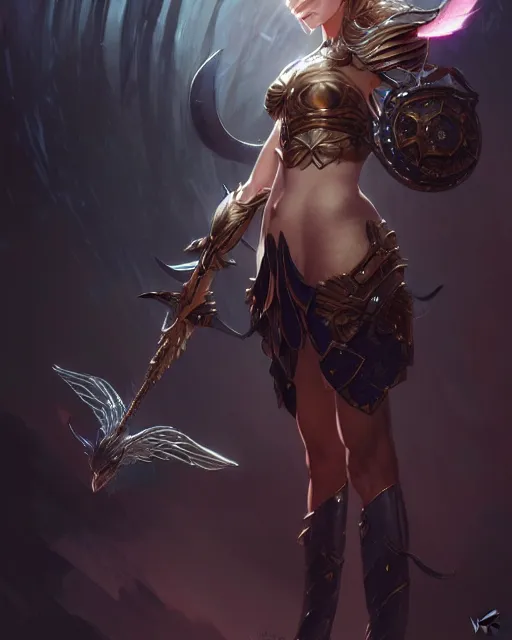 Image similar to 3 / 4 view of a valkyrie, pixie character, genshin impact, fantasy magic, dark light night, intricate, elegant, sharp focus, illustration, highly detailed, concept art, matte, art by wlop and artgerm and greg rutkowski, anime, trending on artstation