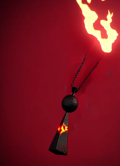 Image similar to rpg item, a black necklace with a bright red diamond in flames, Unreal 5, DAZ, hyperrealistic, rpg style, octane render, dynamic lighting