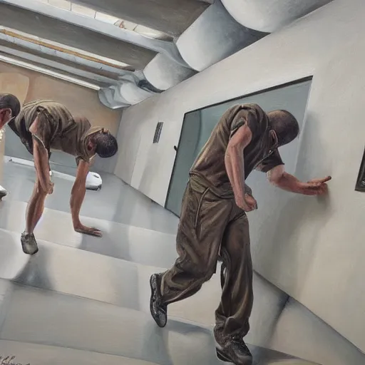 Image similar to hyperrealism painting of prisoners trying to escape prison while guards are distracted