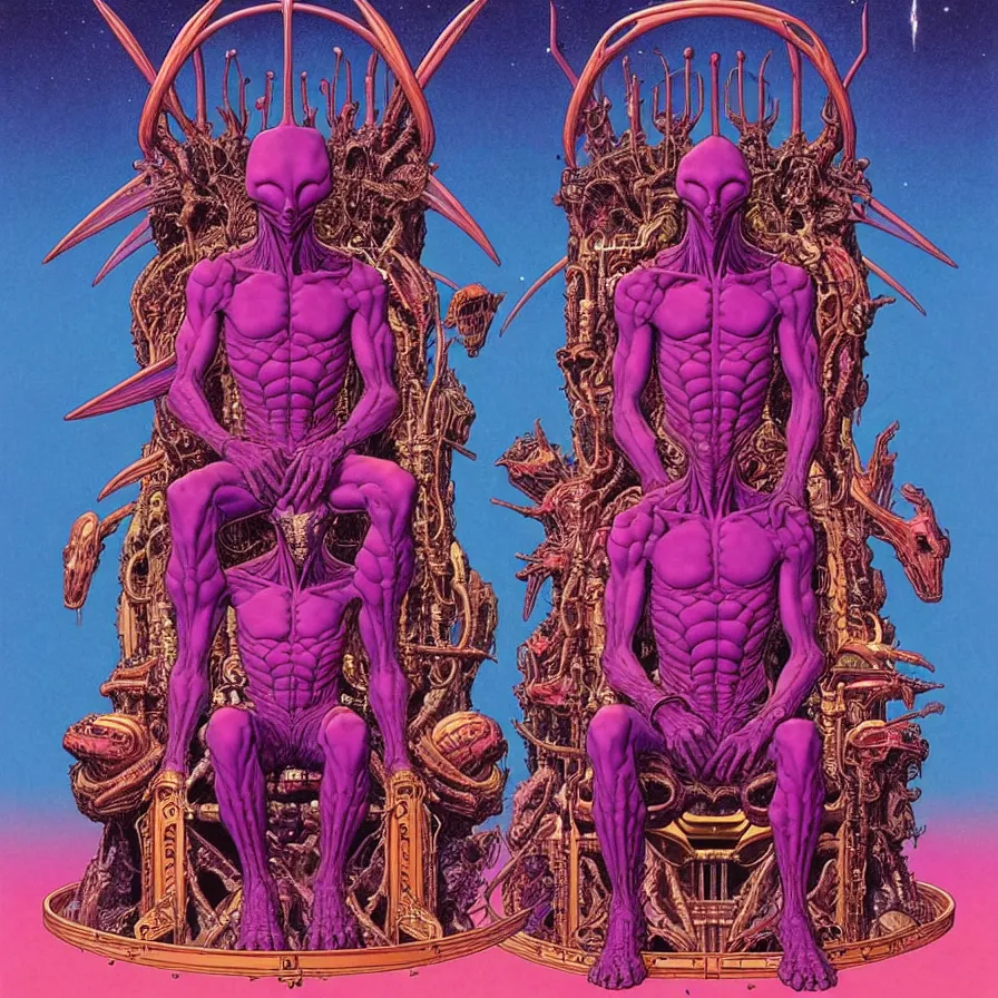 Prompt: ( ( ( ( an alien king sitting on a throne, with decorative frame design ) ) ) ) by mœbius!!!!!!!!!!!!!!!!!!!!!!!!!!!, overdetailed art, colorful, artistic record jacket design