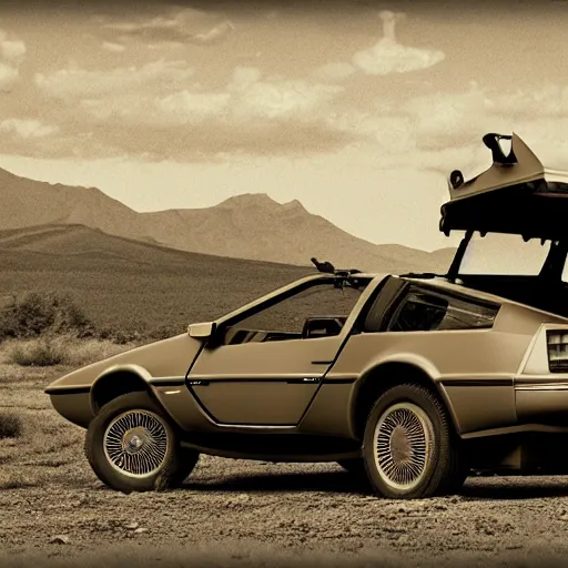 Prompt: a monochromatic sepia photograph of a delorean on the oregon trail, trending on art station,