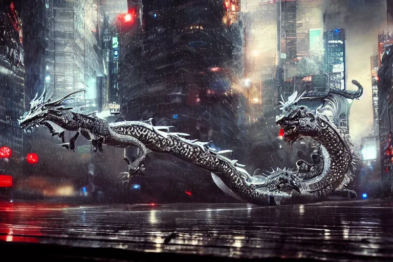 Prompt: cinematic wide angle shot of a silver cybernectic chinese dragon in the rain, midnight city lights, strong bokeh, dramatic lighting, unreal engine, cgsociety, artstation, 4k