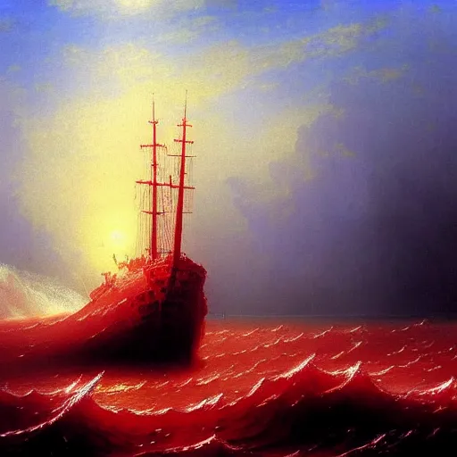 Prompt: bloody ocean, rusted iron ship sinking in red blood ocean, by Ivan Aivazovsky, junji ito, hd 8k