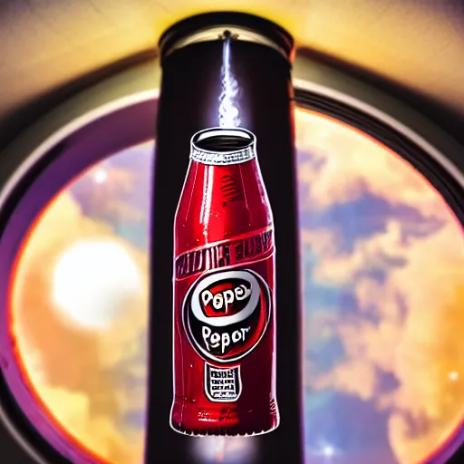 Image similar to Dr. Pepper bottle floating in space, viewed through the window of a spaceship