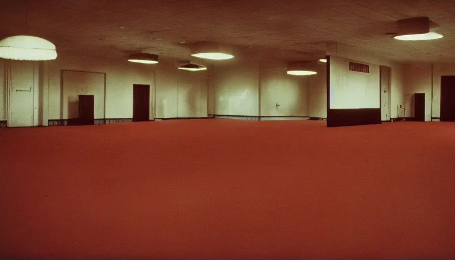 Image similar to 60s movie still of a sovietic stalinist style empty ballroom with soviet Union flags, cinestill 800t 50mm eastmancolor, liminal Space style, heavy grain-s 150