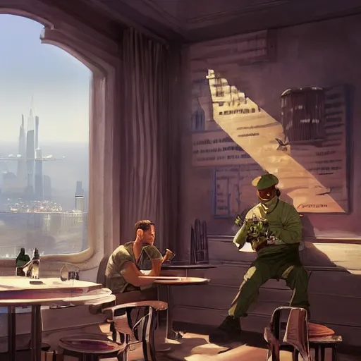 Prompt: A US marine eating colouring crayons in a posh restaurant as a grand theft auto 5 loading screen, art by Andreas Rocha and greg rutkowski, highly detailed, digital painting, matte painting, concept art, illustration, dim lighting, trending on artstation, very detailed