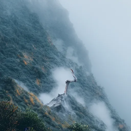 Prompt: a bone dragon sitting on a mountain, Mist, fog,