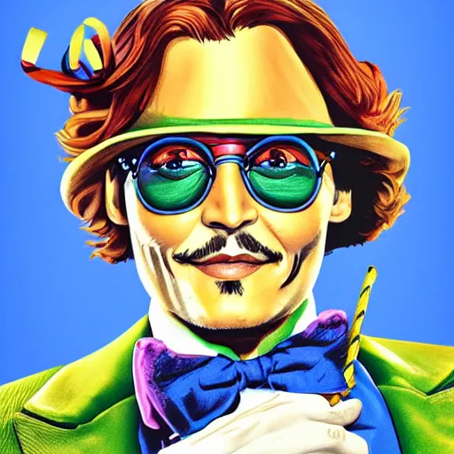 Image similar to portrait of johnny depp without mustache and beard as willy wonka, highly detailed, centered, solid color background, digital painting