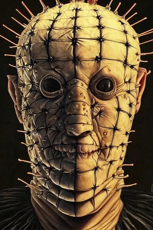 Image similar to highly detailed portrait of pinhead from hellraiser by alex grey, patrick woodroffe, mark ryden created by gustave dore and greg rutkowski, high detailed, smooth draw, synthwave neon retro, intricate, realistic proportions, dramatic lighting, trending on artstation