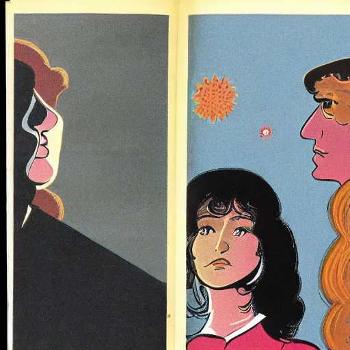 Prompt: a 7 0 s double page spread of a woman looking up at a man. the woman is called carmen and the caption how did i manage without carmen before. colour brochure