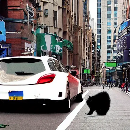 Prompt: giant crazy cat eating cars in big city.