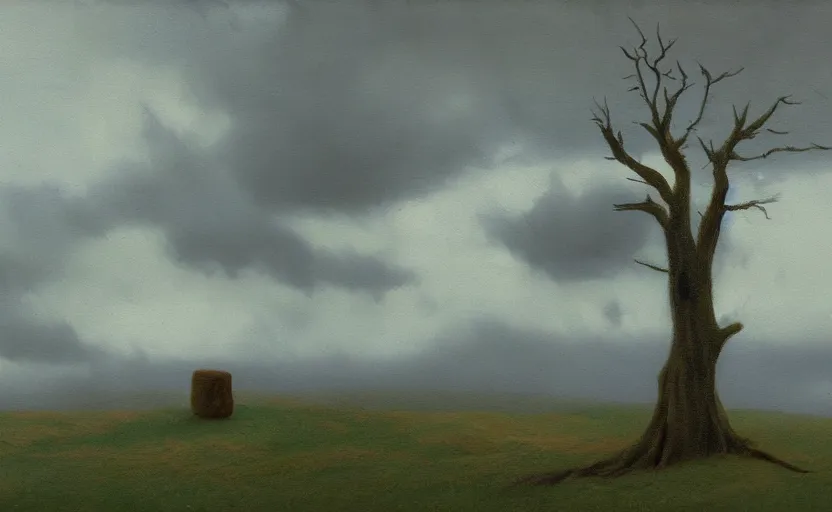 Image similar to A moody painting of an overcast day, clouds, rolling hills, tree stump, Wes Anderson, Peter Ilsted