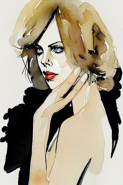 Image similar to beautiful portrait of Charlize Theron by Milo manara and David downton, colorless, silent, watercolor