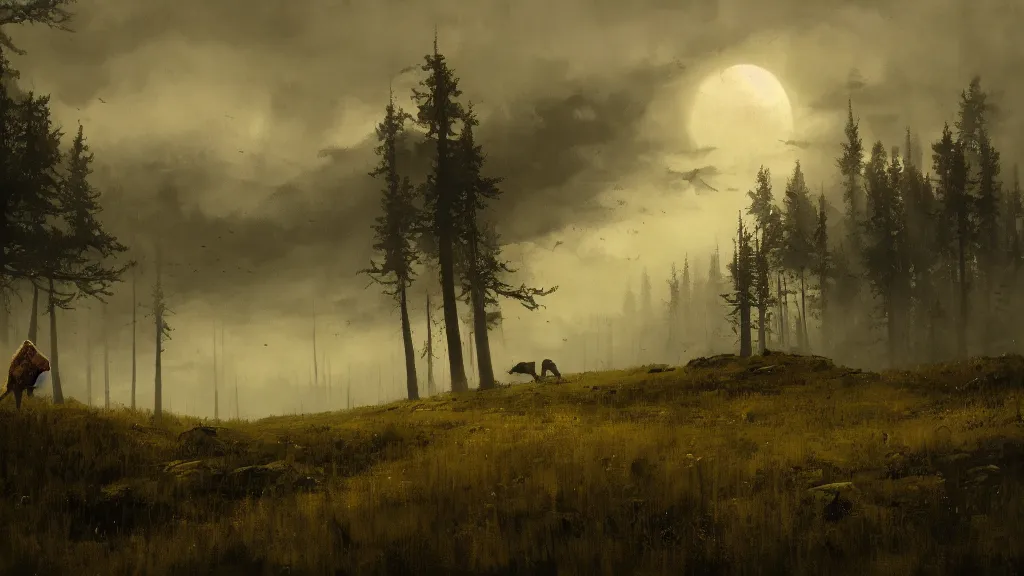 Image similar to a lone werewolf in a stunning landscape by jakub rozalski