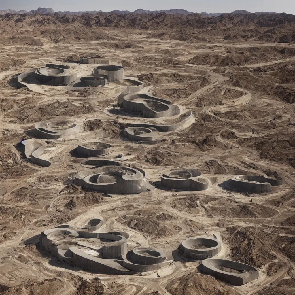 Image similar to neo brutalist herzog & de meuron bioremediation architecture in the mining tailing in the desert